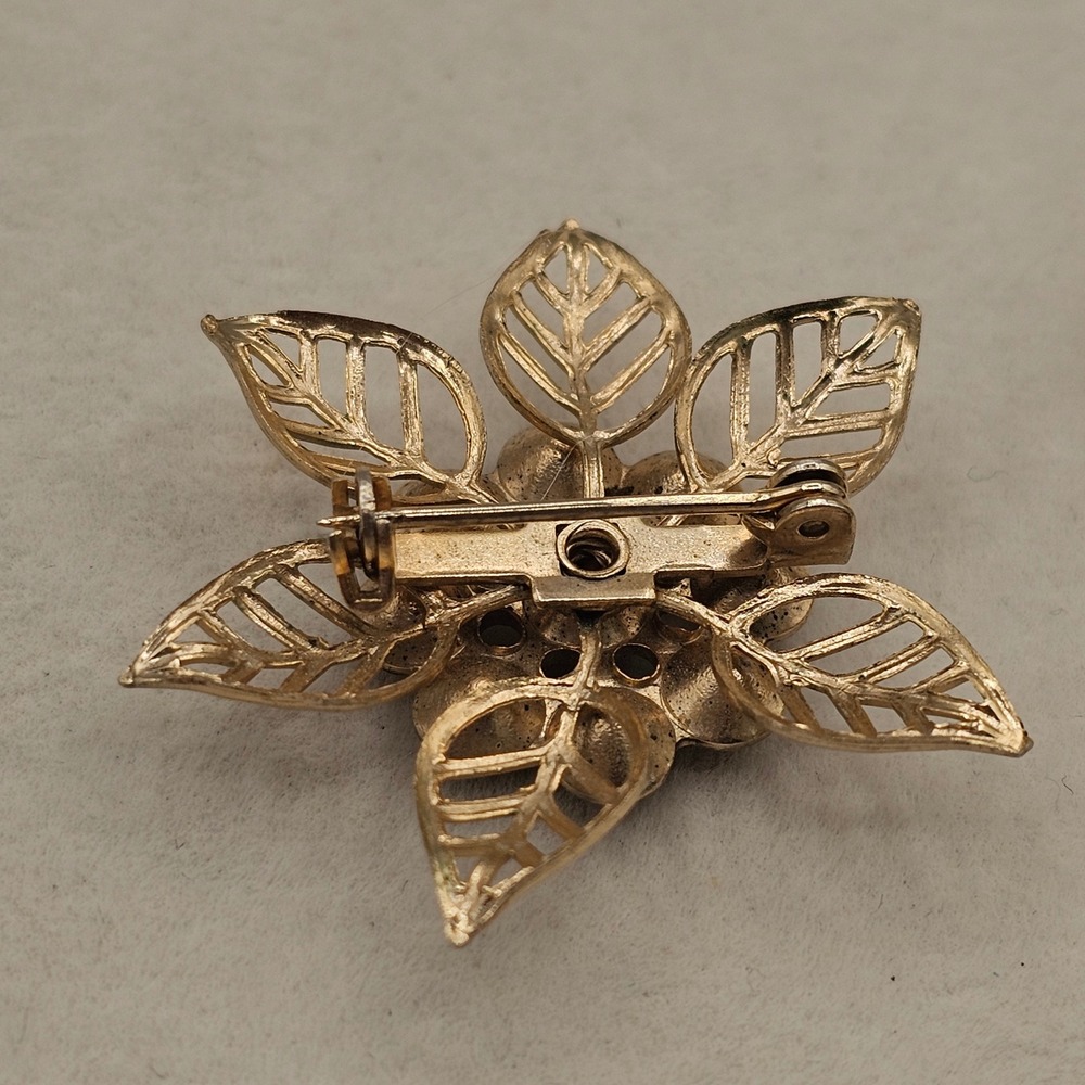 Floral Brooch 2pc Rhinestone Gold Tone Brown Rootbeer Lucite Lot Pins Autumn - Picture 5 of 10